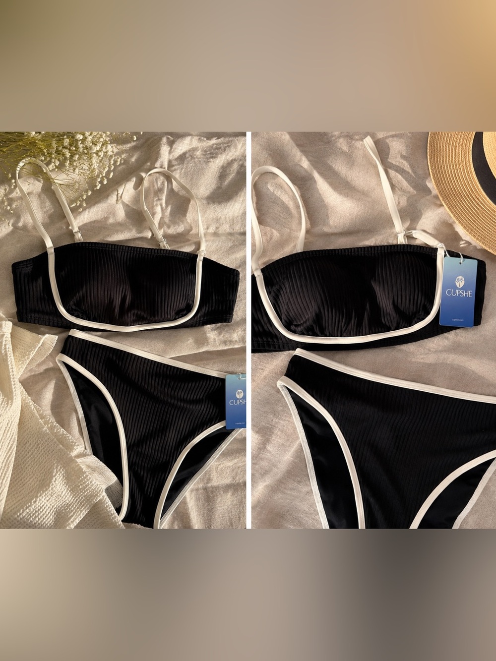 Cupshe Black Ribbed Bikini with White Trim